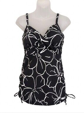 Trimshaper Black White Floral Tankini Top Tummy Control Swimsuit Womens Size 10